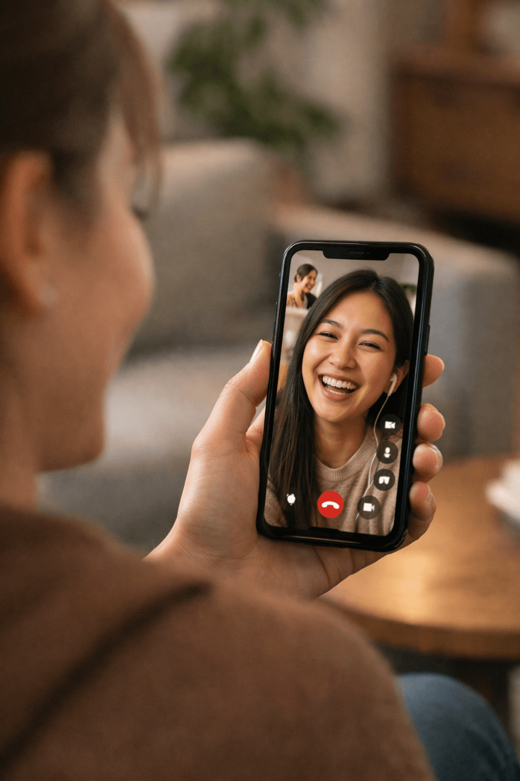 An English learner on a video call with a smiling native speaker through the Cambiyo app